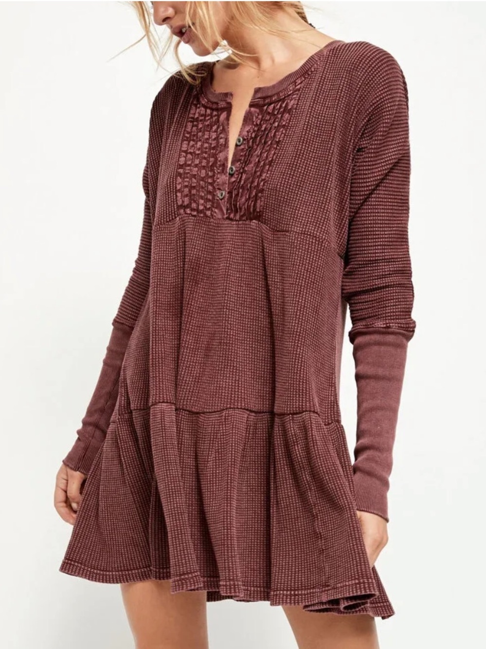 Free People FP One Burgundy Jolene Thermal Henley Mini Dress M Boho Earthy Layer